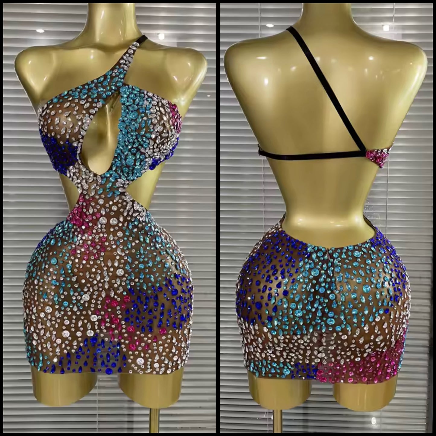 Sexy Sleeveless Open Back Colorful Crystal See Through Dress