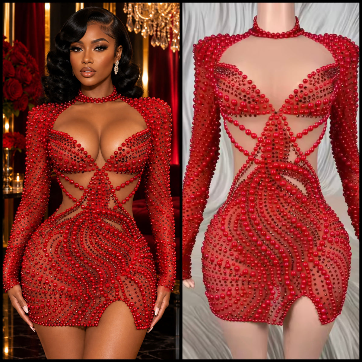 Red Sexy Beaded Rhinestone Full Sleeve Dress