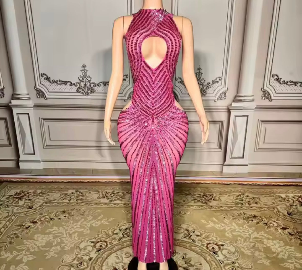Sexy Halter Sleeveless Hollow Out See Through Rhinestone Maxi Dress