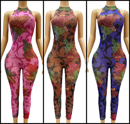 Sexy Sleeveless Floral Rhinestone See Through Jumpsuit