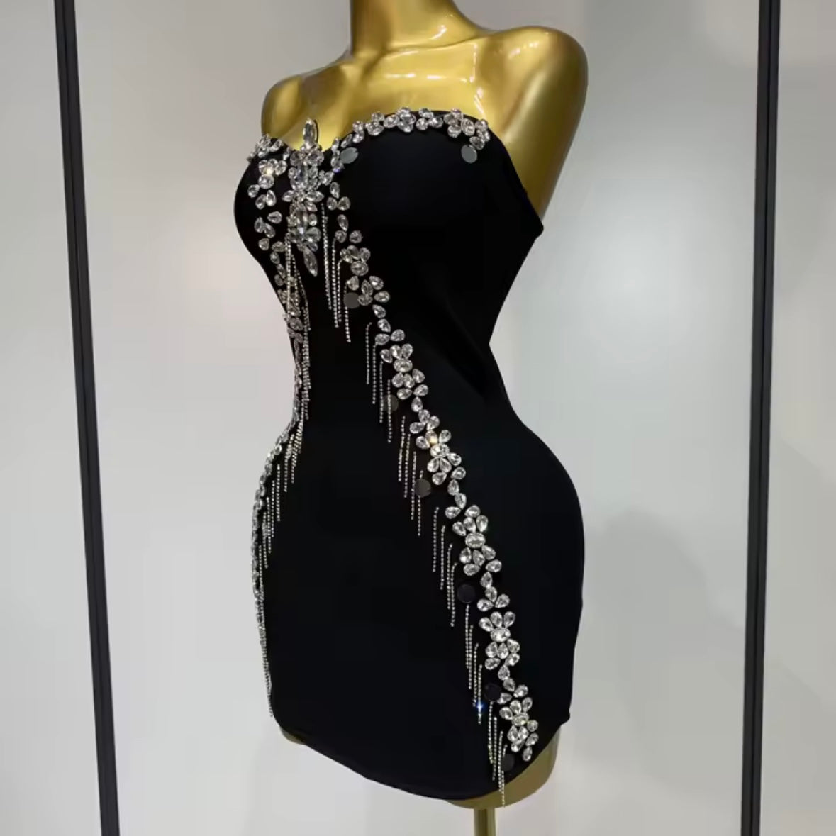Sexy Black Strapless Rhinestone Tassel Bandage Dress