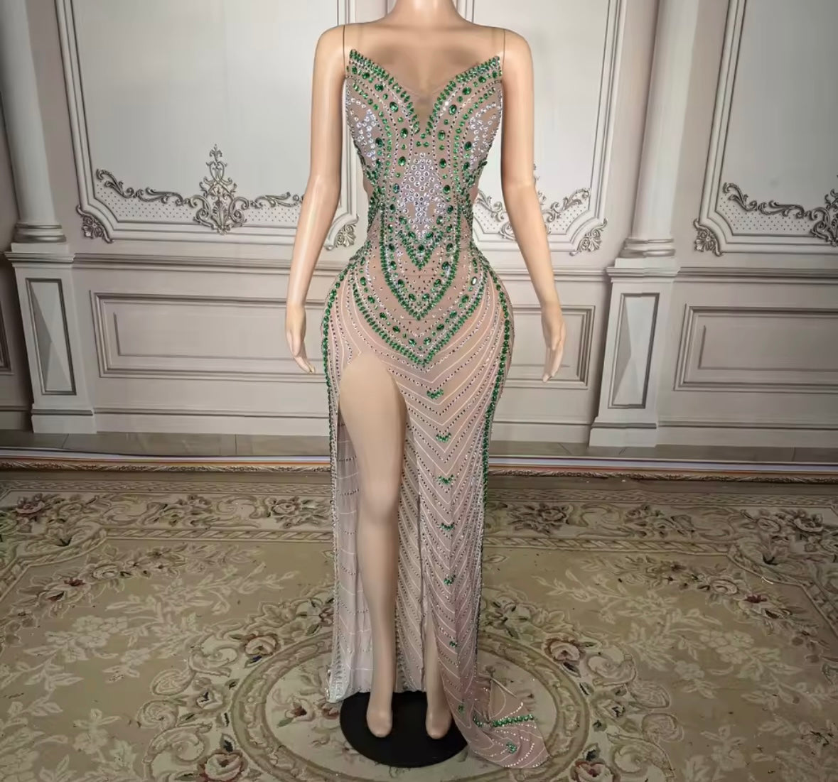 Sexy Sleeveless Rhinestone See Through Front Split Maxi Dress