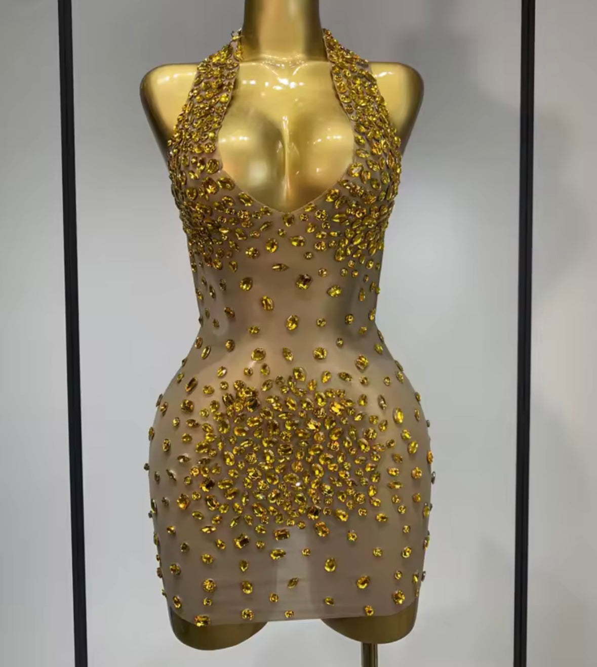Sexy Halter Open Back Color Crystal See Through Dress
