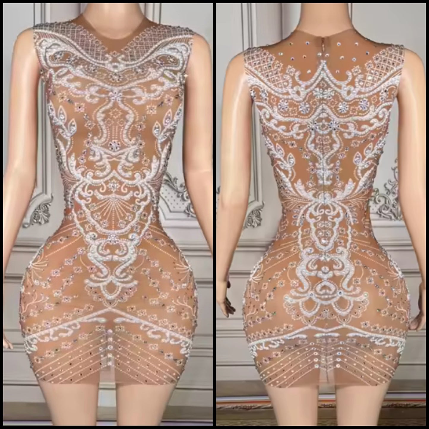 Sexy Sleeveless Rhinestone Printed See Through Dress