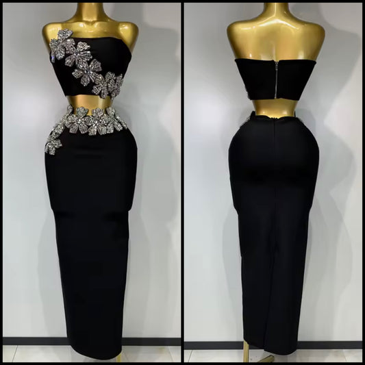 Black Strapless Floral Rhinestone Embellishment Bandage Skirt Set