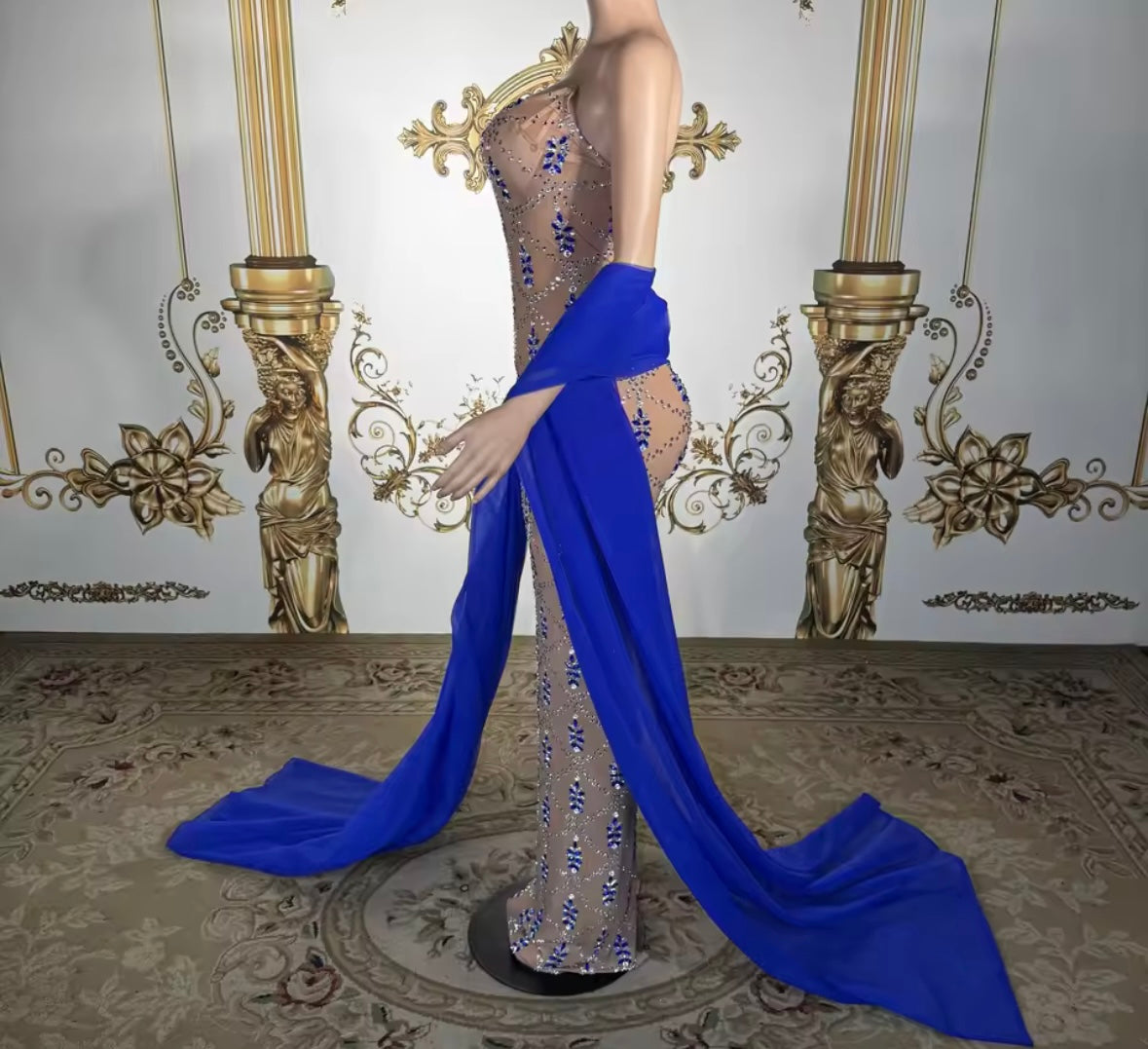 Elegant Strapless Blue Rhinestone See Through Maxi Dress