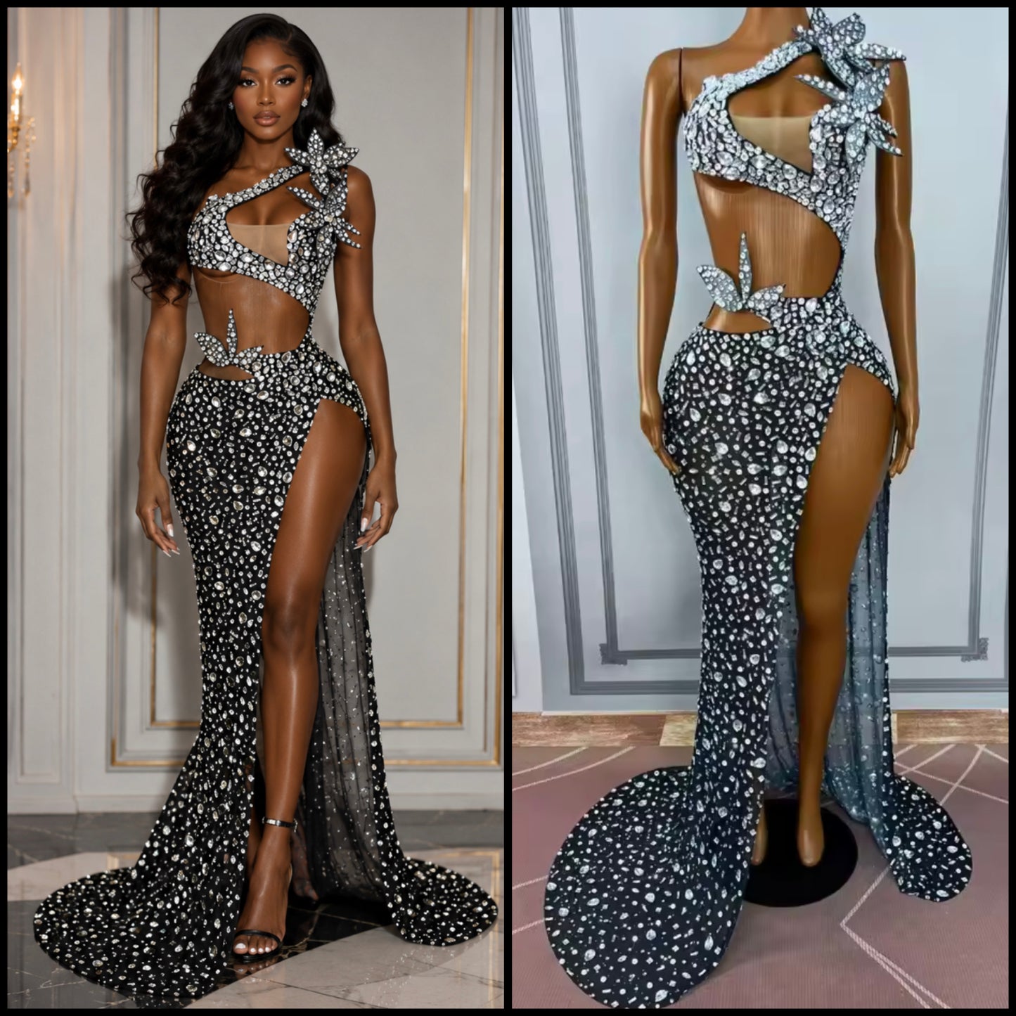 Sexy One Shoulder Sleeveless Floral Rhinestone Side Split Maxi Dress