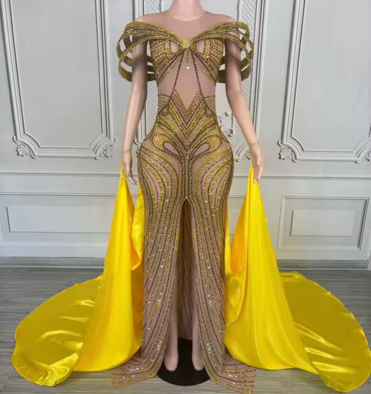 Elegant Color Rhinestone Font Split Floor-Length Dress