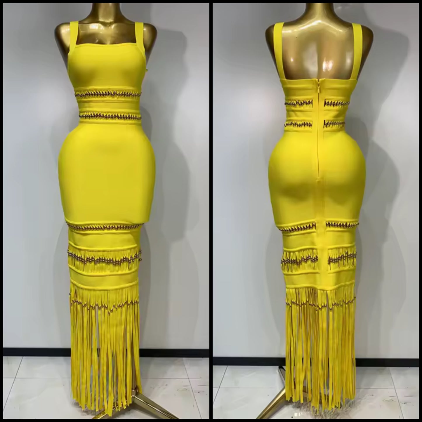 Yellow Sleeveless Beaded Fringe Sexy Maxi Dress