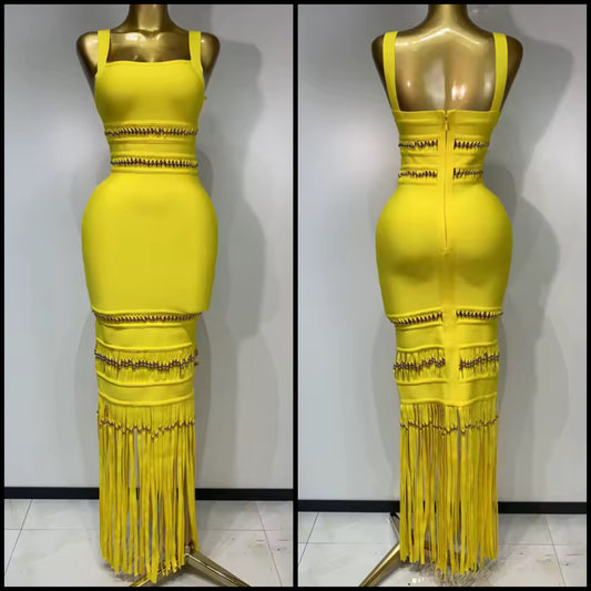 Yellow Sleeveless Beaded Fringe Sexy Maxi Dress