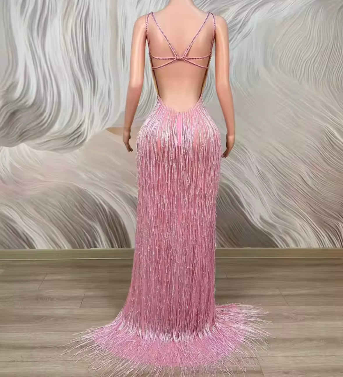 Pink Sleeveless Rhinestone Sexy Fringe Front Split Maxi Dress