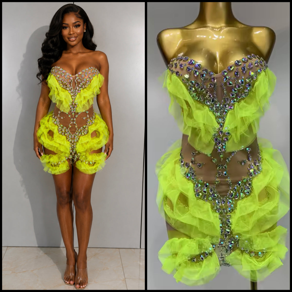 Sexy Strapless Rhinestone Ruffle See Through Dress