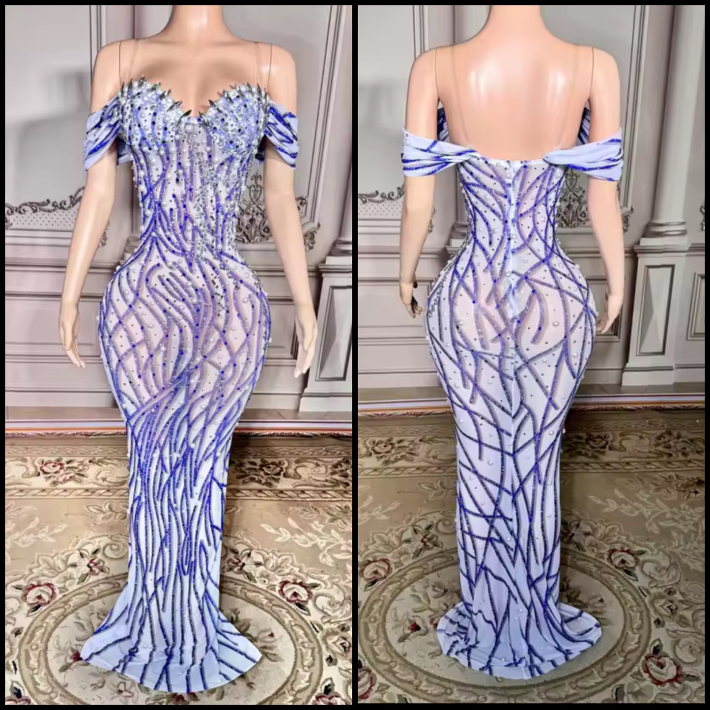 Sexy Off The Shoulder Beaded Rhinestone Floor-Length Dress