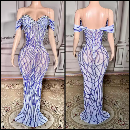 Sexy Off The Shoulder Beaded Rhinestone Floor-Length Dress