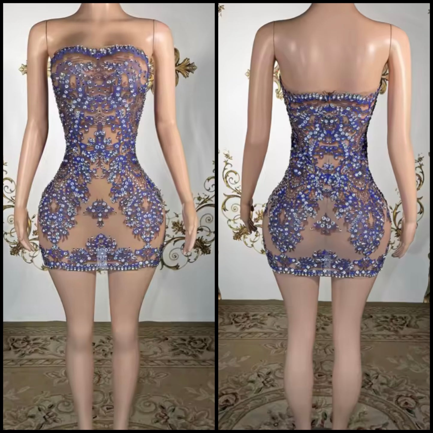 Sexy Strapless Purple Rhinestone See Through Dress