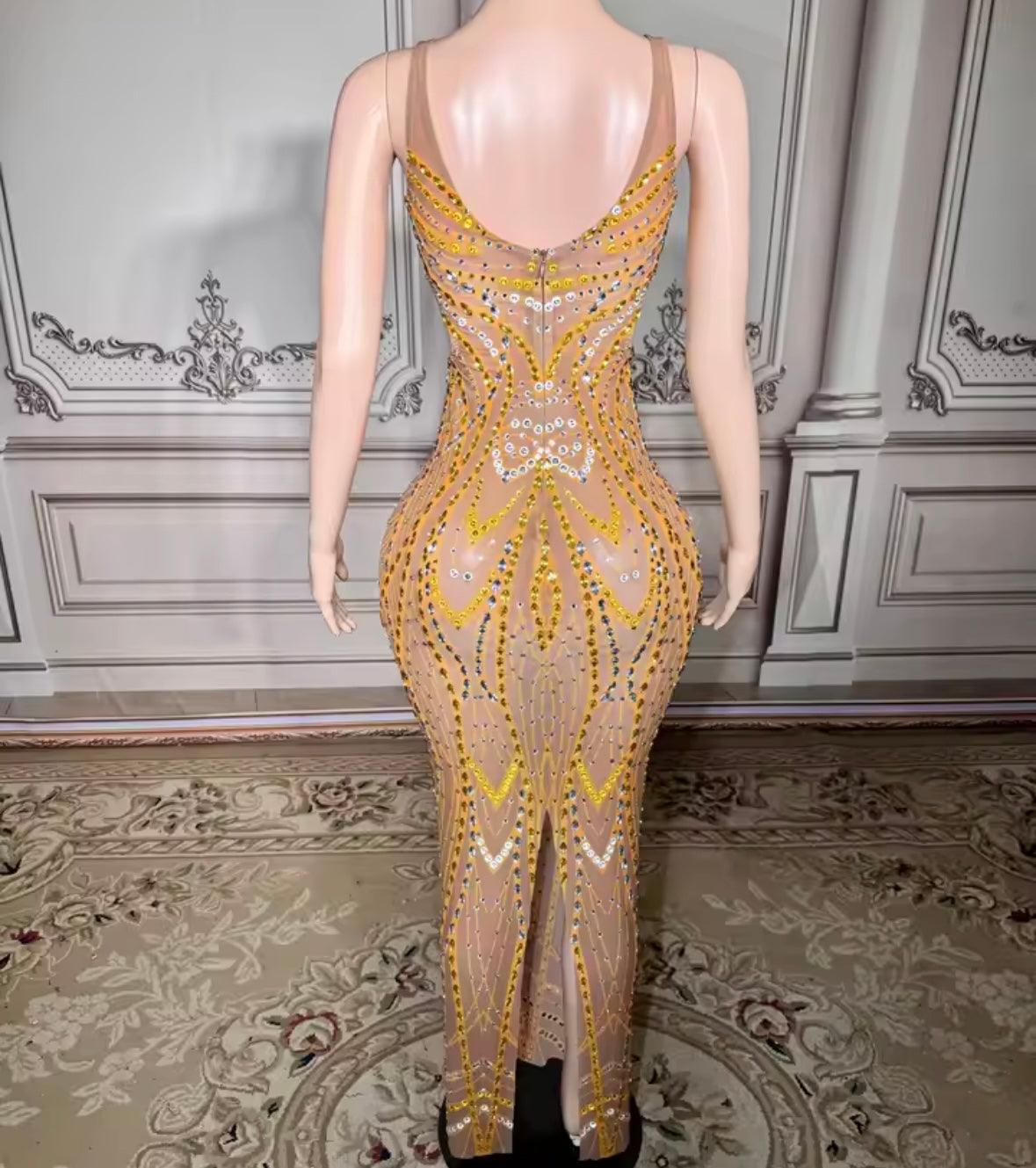 Sexy Sleeveless Rhinestone See Through Hollow Out Maxi Dress