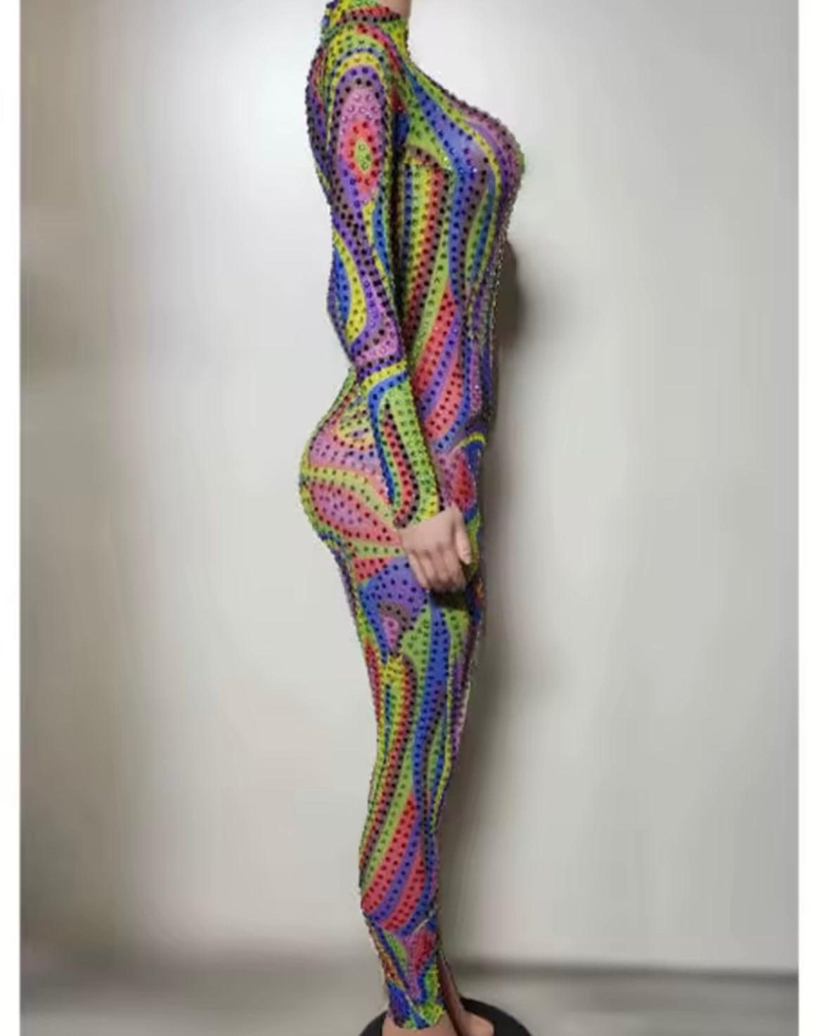 Sexy Multicolored Rhinestone Full Sleeve Jumpsuit