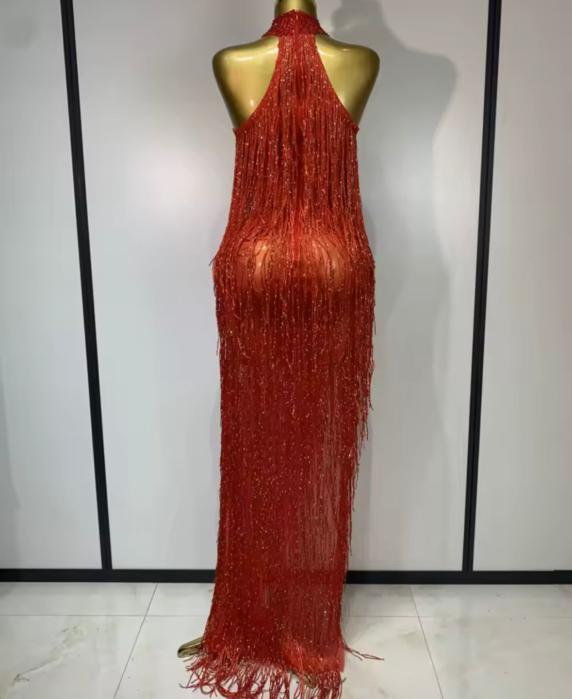 Sexy Halter Sleeveless Beaded Fringe Floor-Length Dress
