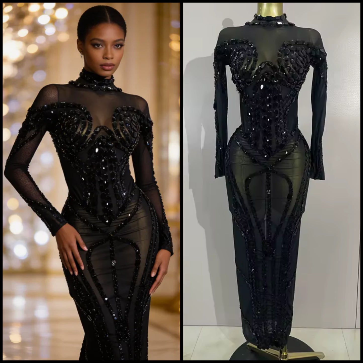 Sexy Beaded Crystal Full Sleeve Floor-Length Dress