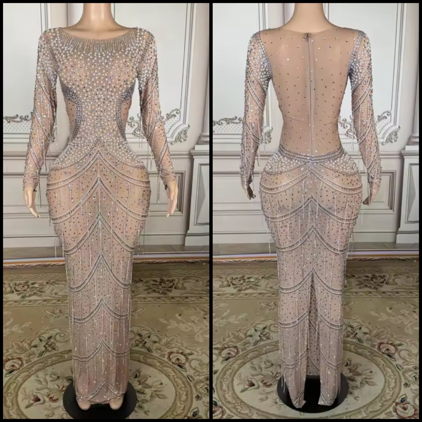 Sexy Pearl Rhinestone Full Sleeve See Through Maxi Dress