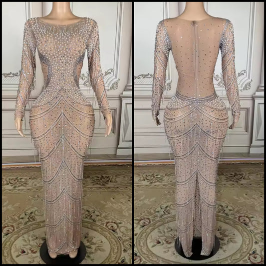 Sexy Pearl Rhinestone Full Sleeve See Through Maxi Dress