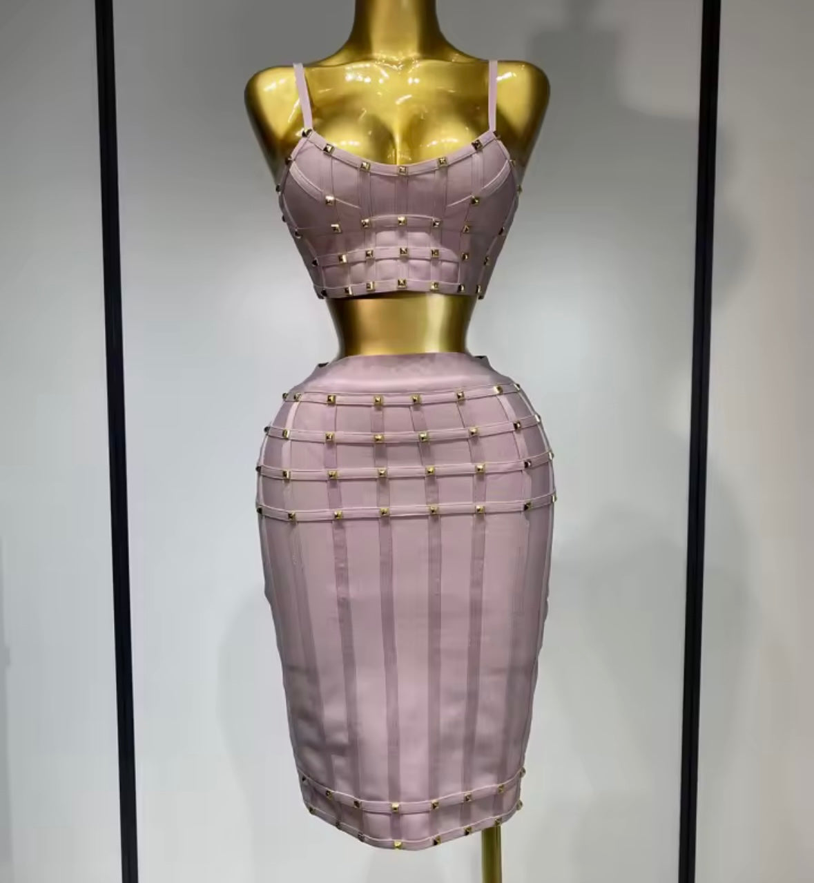 Pink Sleeveless Rivet Sexy Bandage Skirt Set