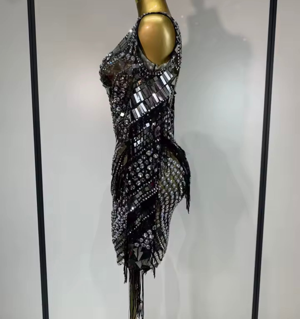 Sexy Rhinestone Mirror Full Sleeve Fringe Dress