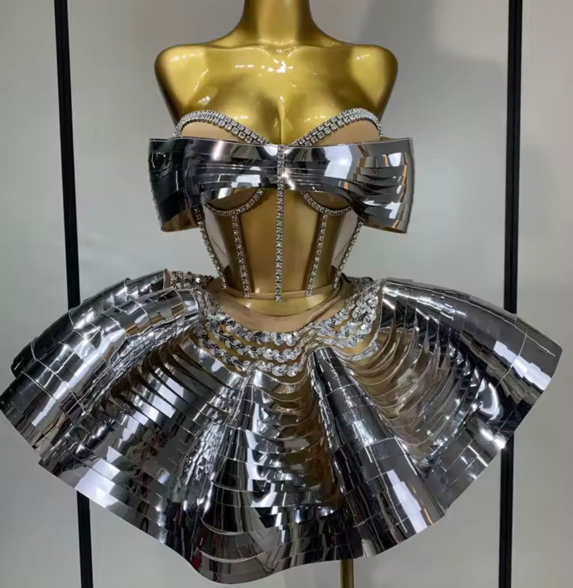 Sexy Bow Strapless Metallic Mesh Rhinestone Two Piece Skirt Set