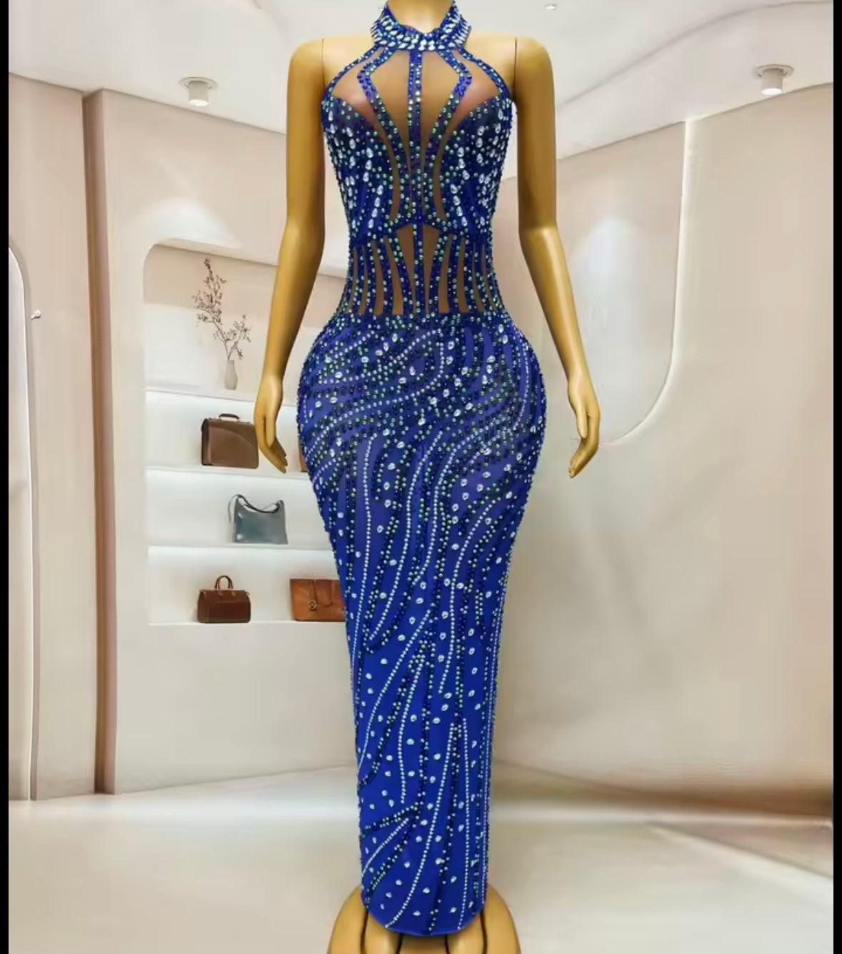 Blue Halter Sleeveless Rhinestone Embellishment Maxi Dress