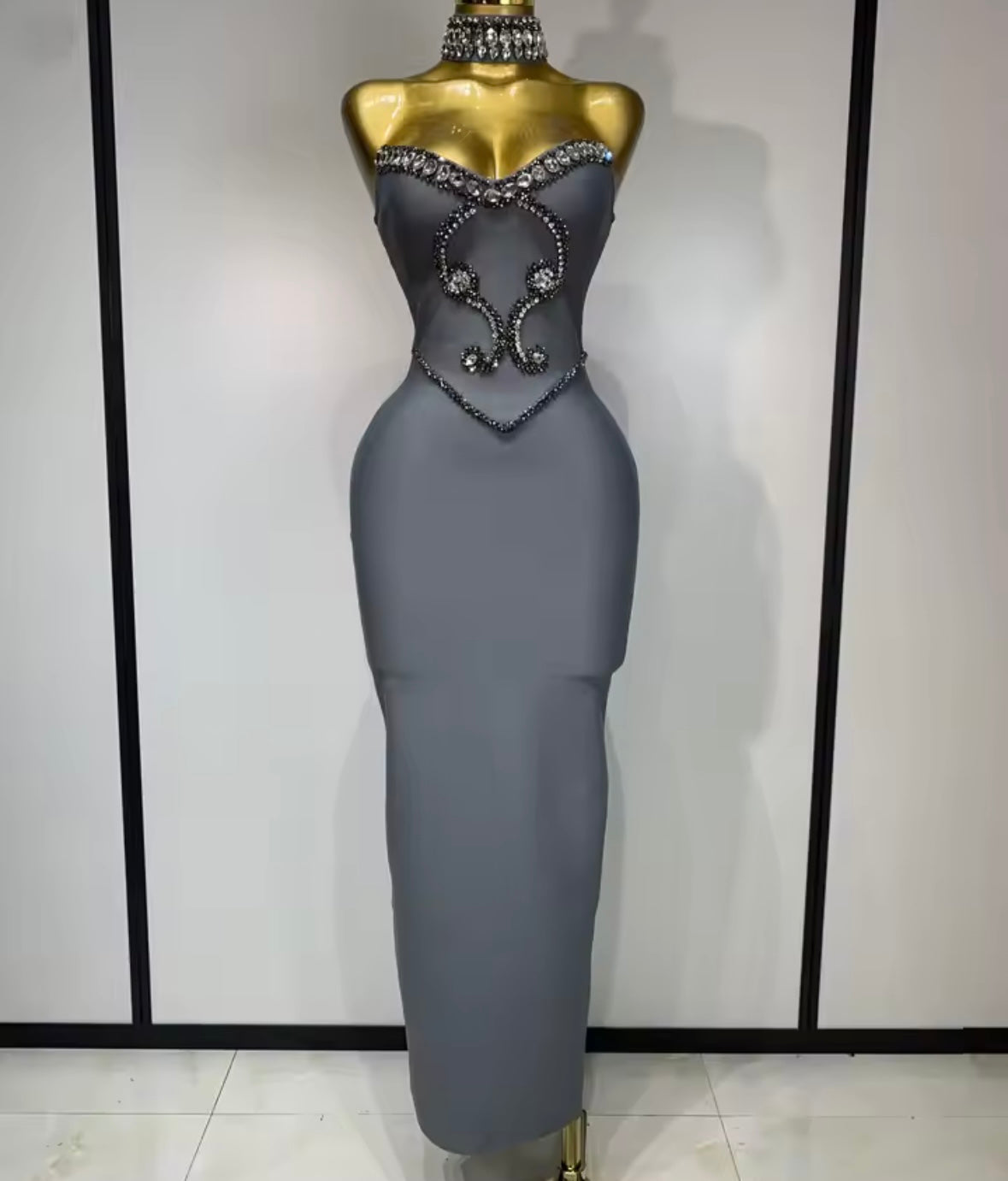 Rhinestone Choker Strapless Elegant Dress