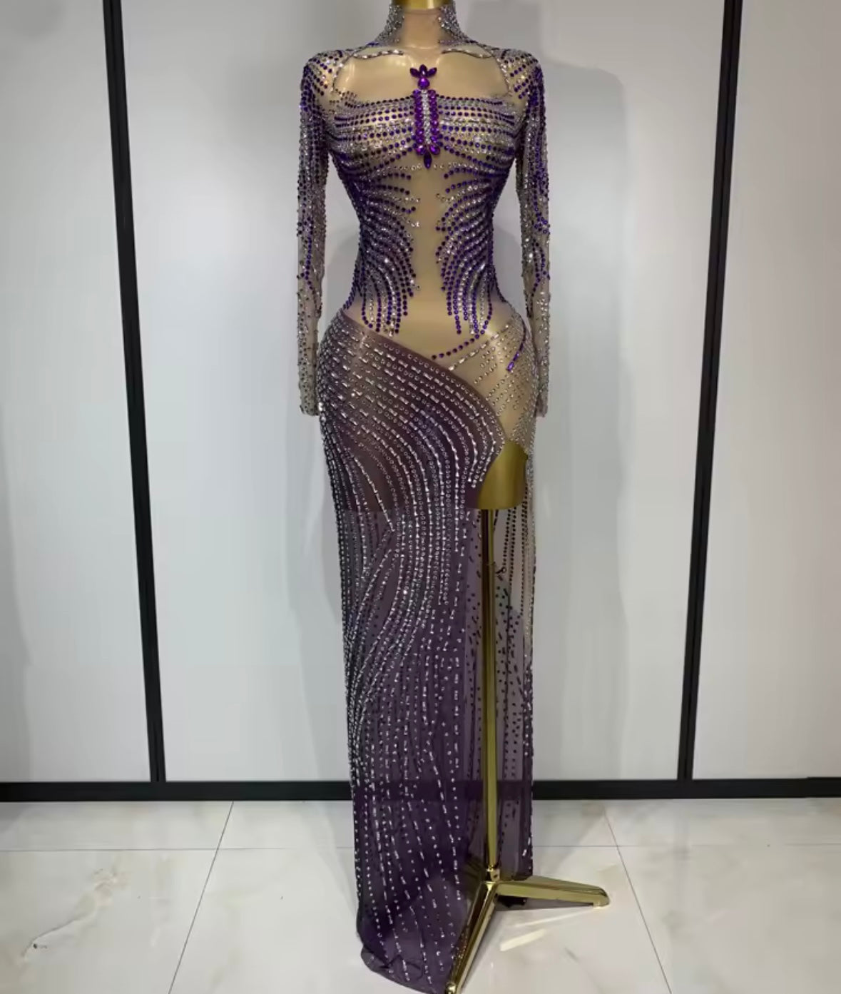 Sexy Color Rhinestone Full Sleeve Side Split Floor-Length Dress
