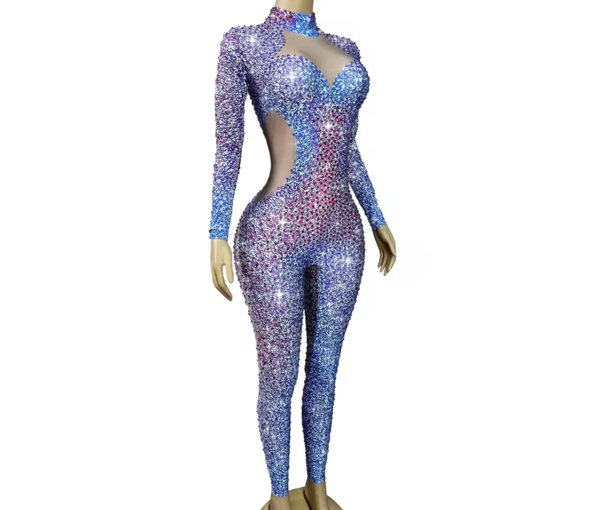 Sexy Multicolored Rhinestone Full Sleeve Jumpsuit