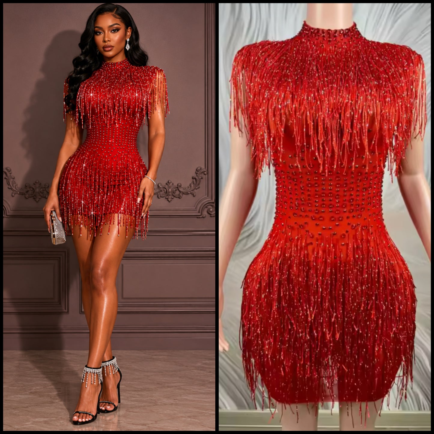 Red Sexy Rhinestone Tassel Dress