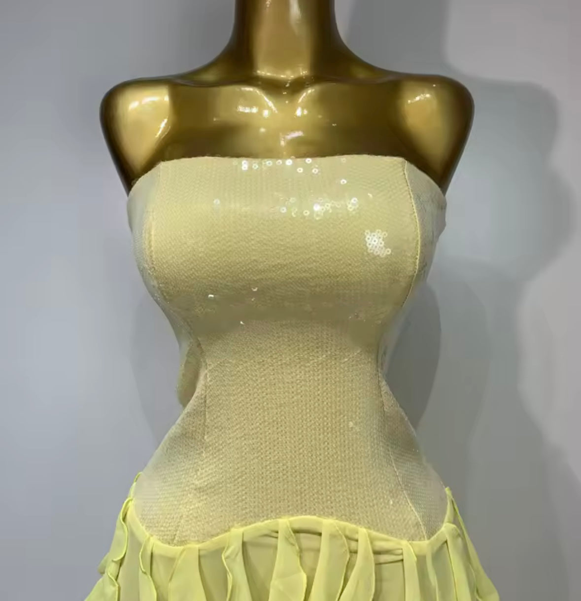 Sexy Strapless Yellow Sequins Ruffle Floor-Length Dress