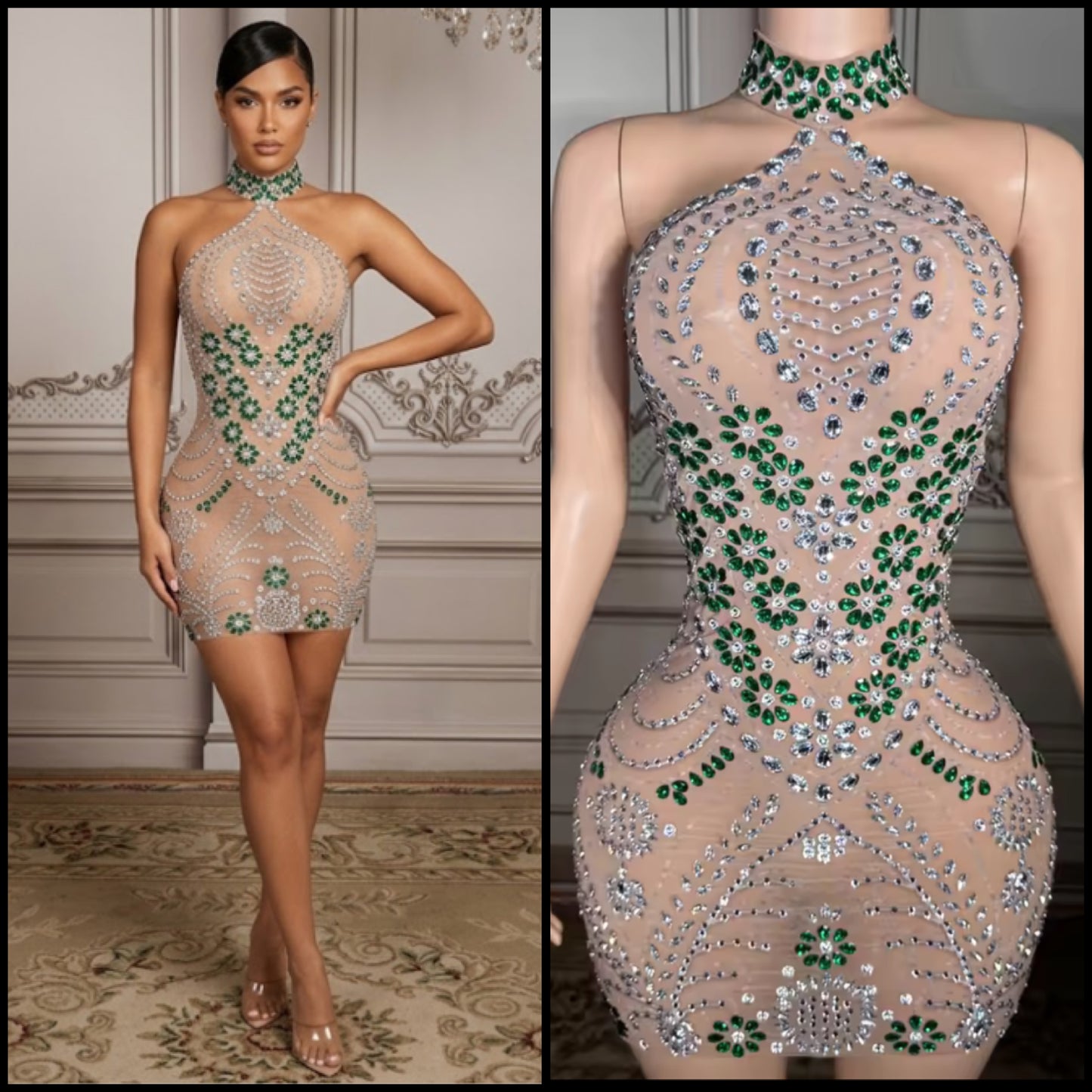 Sexy Halter Sleeveless Rhinestone Embellishment See Through Dress