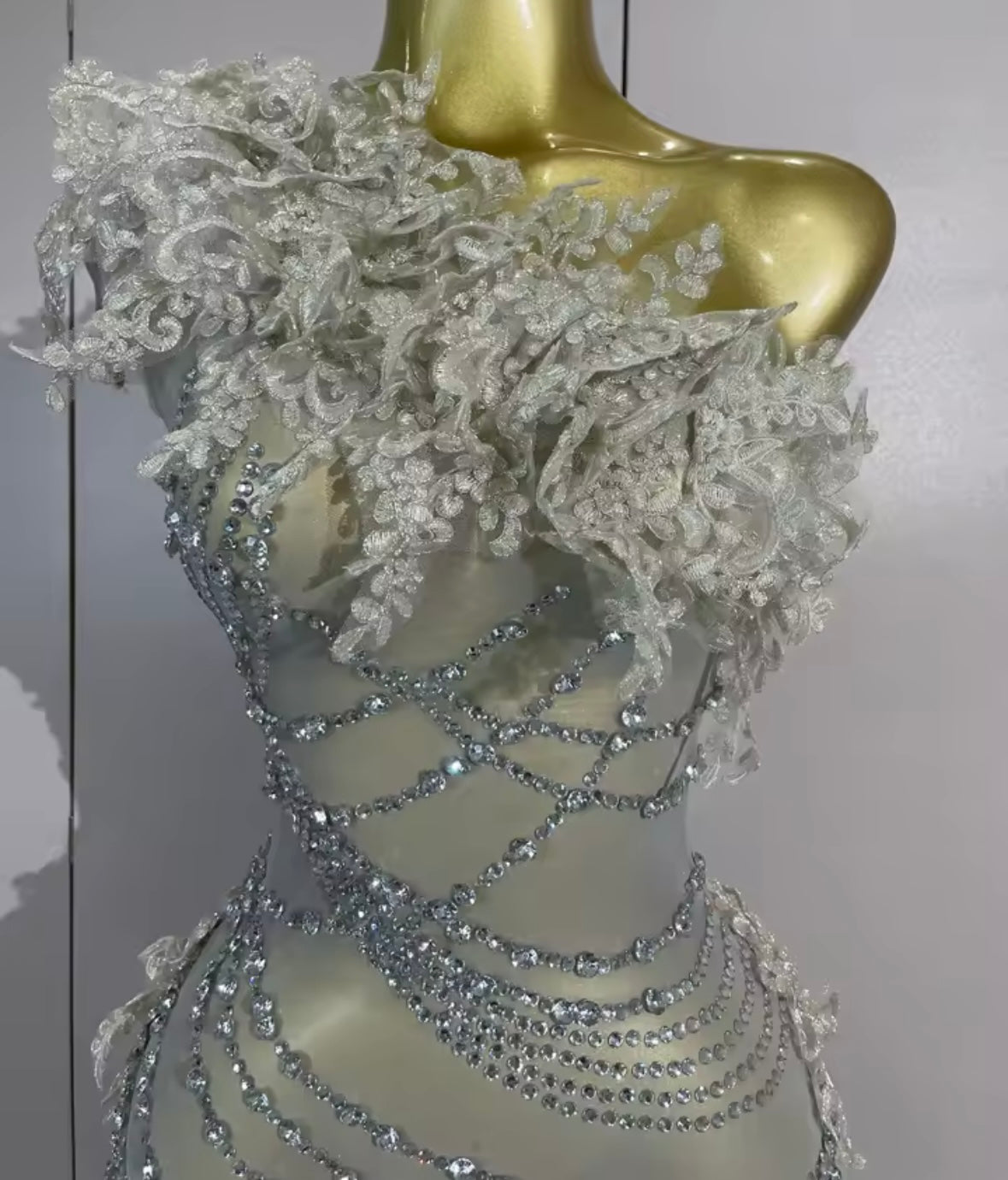 Silver One Shoulder Sleeveless See Through Rhinestone Dress