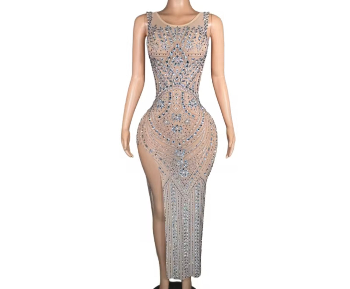 Rhinestone Embellishment Sexy Sleeveless Side Split Maxi Dress