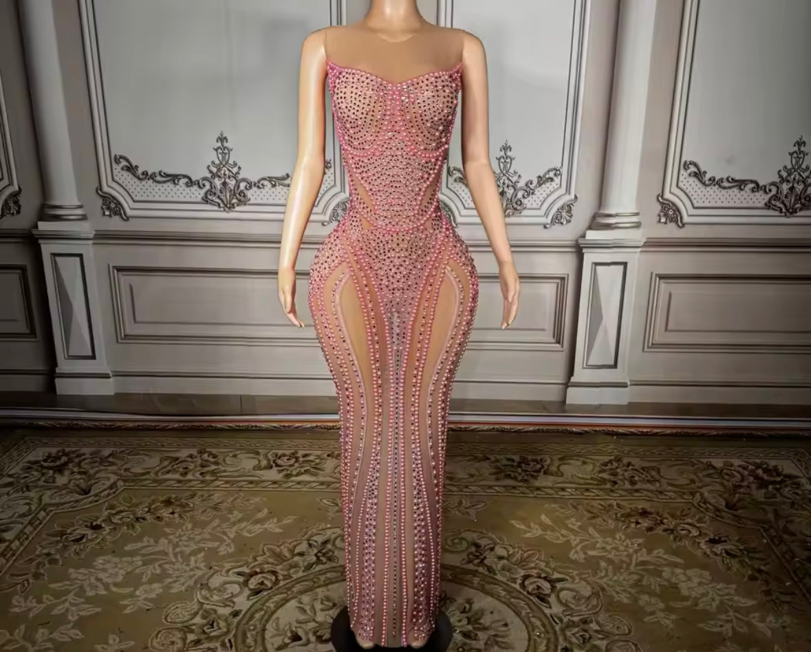 Sexy Sleeveless Pink Beaded Rhinestone Maxi Dress