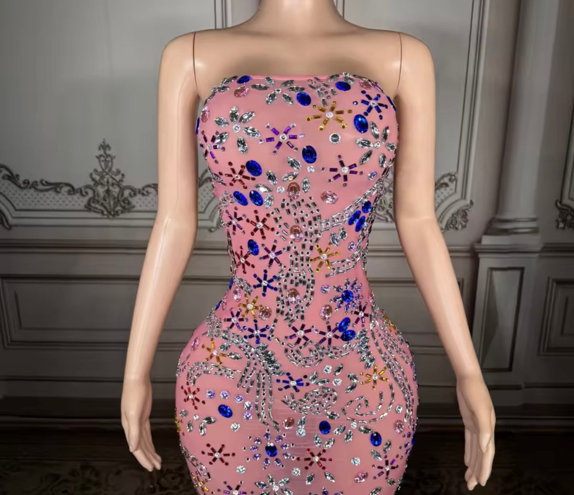 Pink Sexy Strapless Crystal Rhinestone Maxi Dress