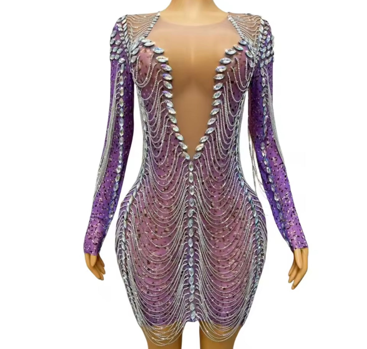 Sexy Purple Rhinestone Chain Full Sleeve Short Dress