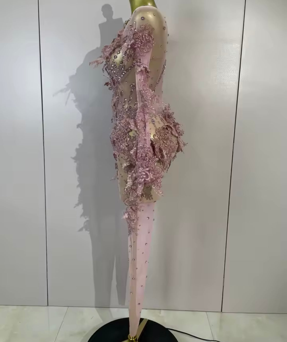 Pink Floral Lace Rhinestone Full Sleeve See Through Jumpsuit