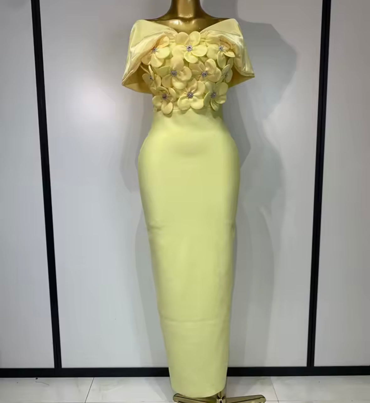 Yellow Sexy Off The Shoulder Floral Rhinestone Maxi Dress
