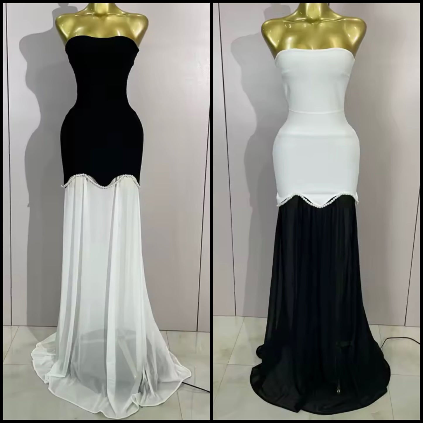 Elegant Strapless Pearl Patchwork Floor-Length Dress