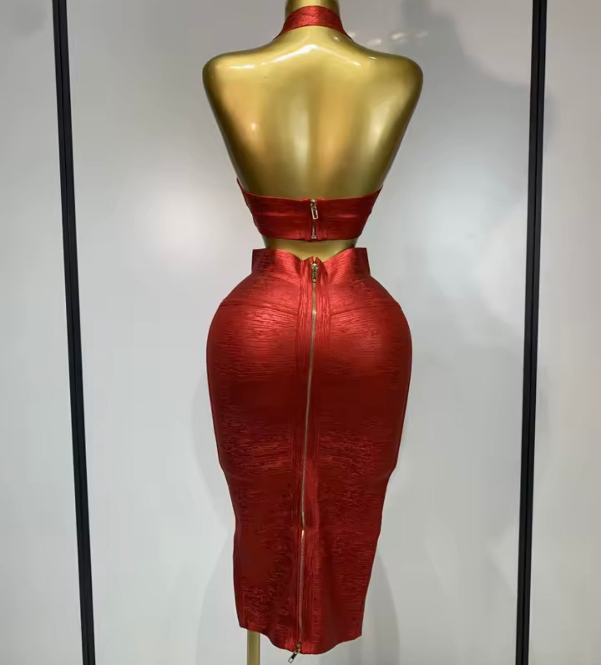 Sexy Red Halter Sleeveless Crop Two Piece Skirt Set