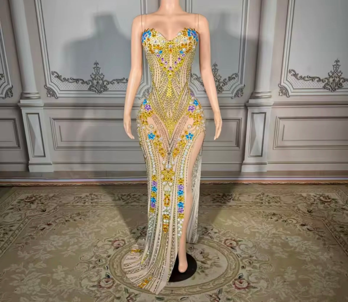 Sexy Gold Sleeveless Crystal Rhinestone Floor-Length Dress