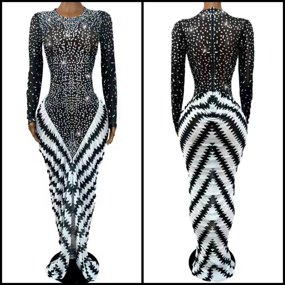 Sexy Rhinestone Full Sleeve Pleated Front Split Maxi Dress