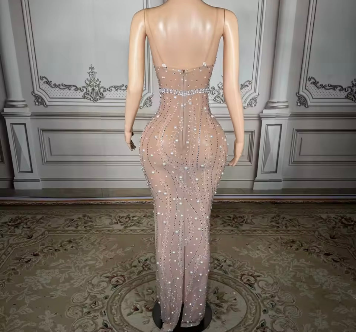 Sexy Sleeveless Beaded Rhinestone See Through Maxi Dress