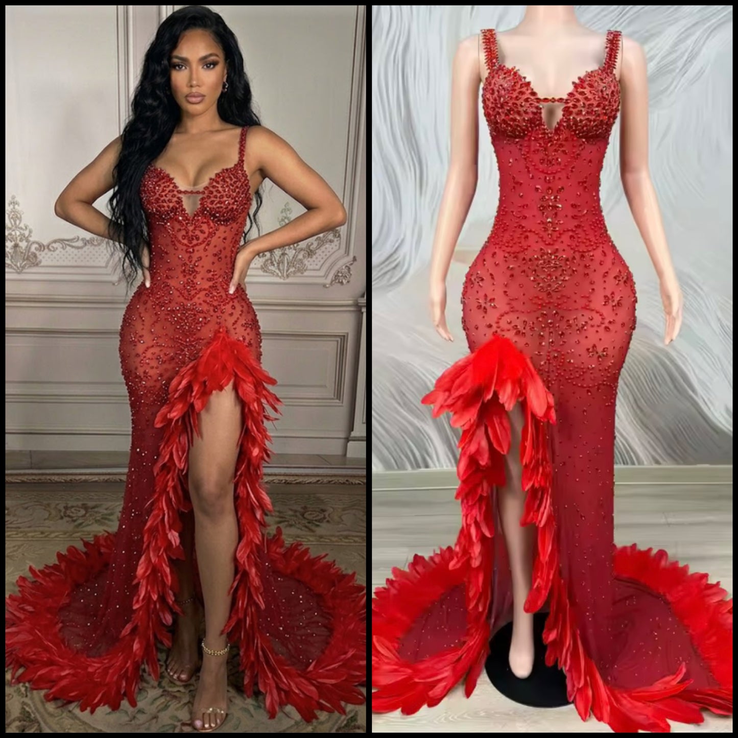 Red Sexy Sleeveless Rhinestone Feather Front Split Maxi Dress