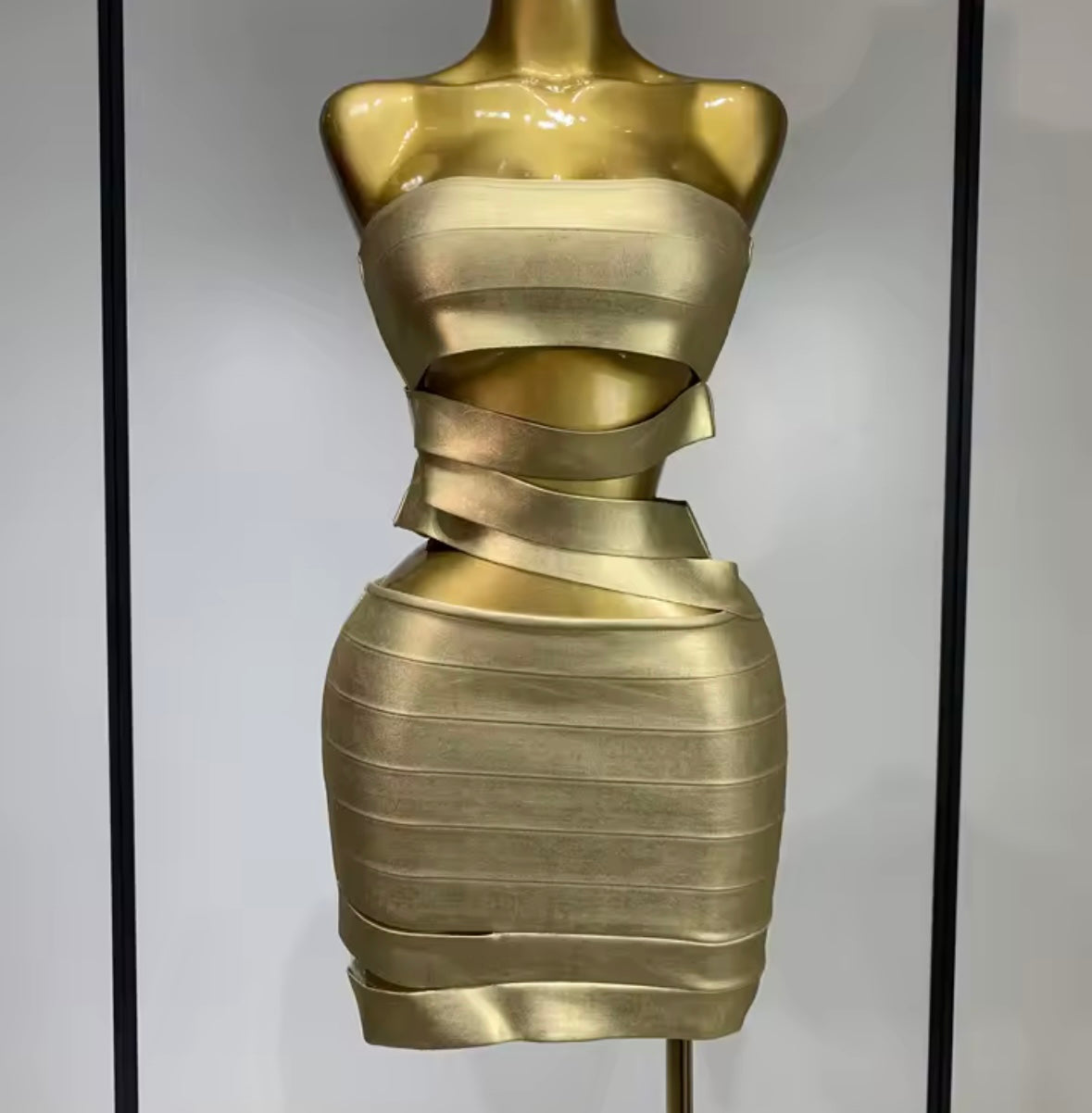 Gold Strapless Hollow Out Sexy Bandage Dress