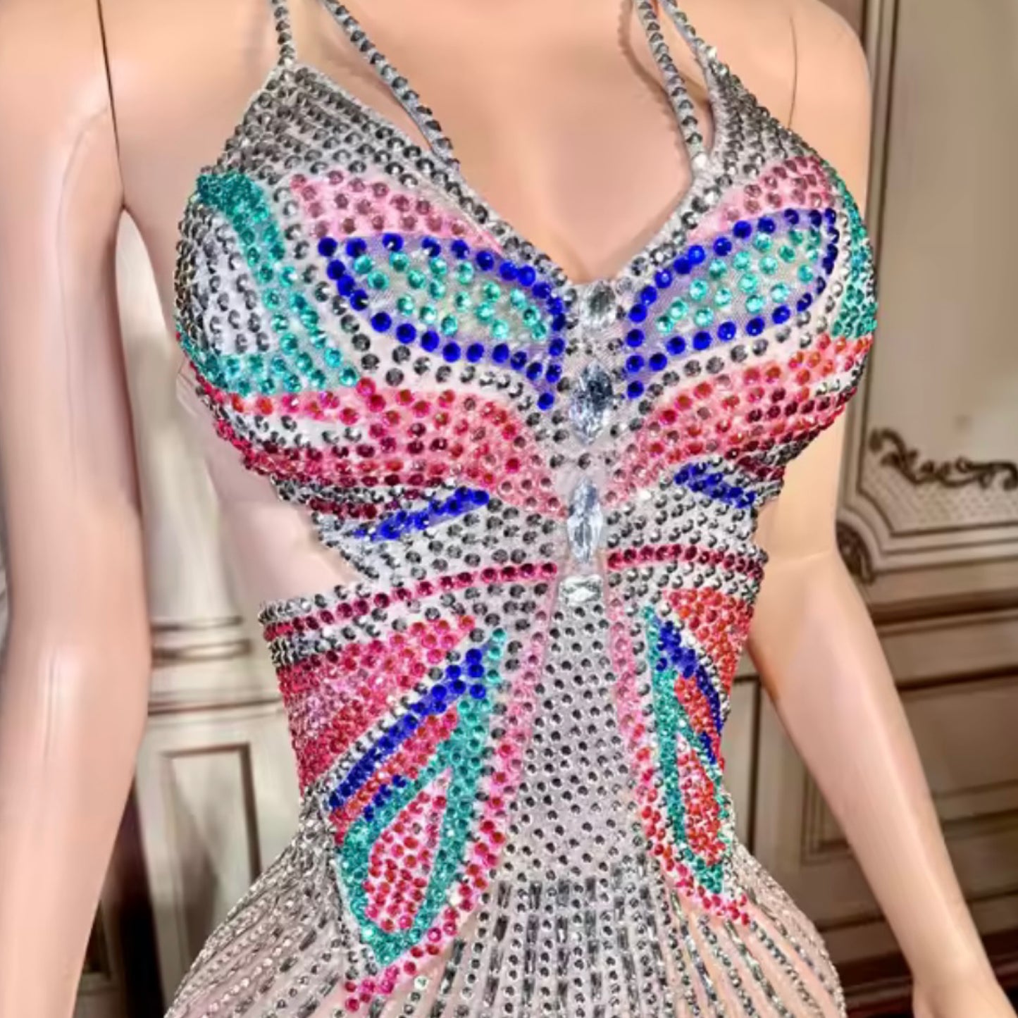 Sexy Multicolored Rhinestone Embellishment Halter Dress